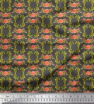 Серая японская креп-сатиновая ткань Soimoi, листья и бегония, цветочный декор, ткань с принтом, 42 дюйма 42 Inch Wide - Poly Crepe серый