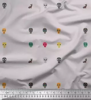 Серая японская креп-сатиновая ткань Soimoi с принтом черепа и кошки в этническом стиле, 42 дюйма по метрам 42 Inch Wide - Poly Crepe серый