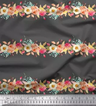 Серая японская креп-сатиновая ткань Soimoi с цветочным принтом в виде листьев и роз, 42 дюйма по метрам 42 Inch Wide - Japan Crepe Satin серый