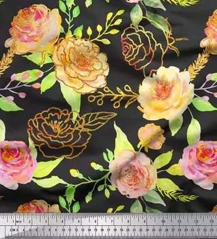 Серая японская креп-сатиновая ткань Soimoi с цветочным принтом листьев и бегонии, 42 дюйма по метрам 42 Inch Wide - Poly Crepe синий