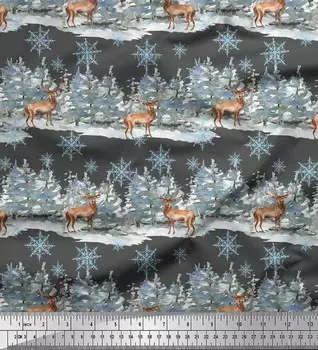 Серая японская креп-сатиновая ткань Soimoi с принтом оленей и снежинок, дерево по метрам, 42 дюйма 42 Inch Wide - Poly Crepe серый