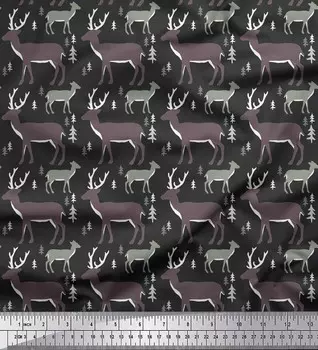 Серая японская креп-сатиновая ткань Soimoi с принтом в виде животных с оленями по метрам 42 дюйма 42 Inch Wide - Cotton Voile серый