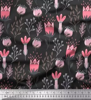 Серая японская креп-сатиновая ткань Soimoi с принтом в виде листьев, ткань по метрам, 42 дюйма 42 Inch Wide - Poly Crepe синий