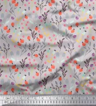 Серая японская креп-сатиновая ткань Soimoi с принтом листьев и ягод и фруктов, 42 дюйма по метрам 42 Inch Wide - Japan Crepe Satin серый