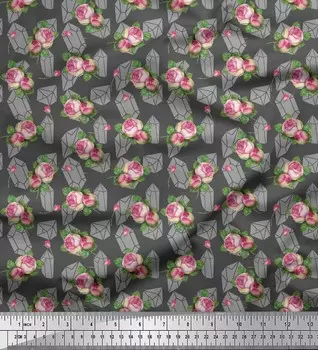 Серая японская креп-сатиновая ткань Soimoi с листьями и розами Grandiflora, ткань для рукоделия с цветочным принтом шириной 42 дюйма по метрам 42 Inch Wide - Japan Crepe Satin серый
