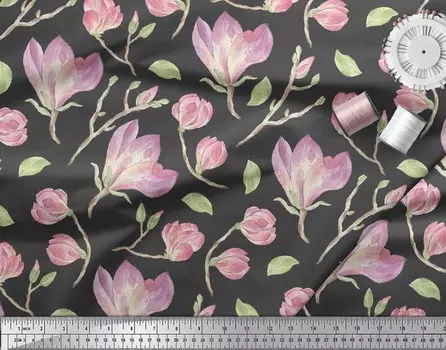 Серая японская креп-сатиновая ткань Soimoi с цветочным принтом листьев и магнолии, 42 дюйма по метрам 42 Inch Wide - Cotton Voile серый