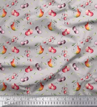 Серая японская креп-сатиновая ткань Soimoi с принтом листьев и ягод и фруктов, 42 дюйма по метрам 42 Inch Wide - Japan Crepe Satin серый