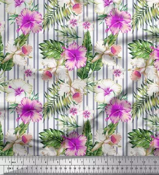 Серая японская креп-сатиновая ткань Soimoi с тропическими листьями, полосками и цветочным принтом, 42 дюйма по метрам 42 Inch Wide - Poly Crepe серый