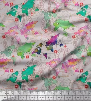 Серая японская креп-сатиновая ткань Soimoi с принтом в виде карт мира и печатей, 42 дюйма, по метрам 42 Inch Wide - Poly Crepe серый