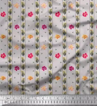 Серая японская креп-сатиновая ткань Soimoi с принтом в виде листьев красного дерева и хризантемы в полоску, 42 дюйма по метрам 42 Inch Wide - Poly Crepe зелёный