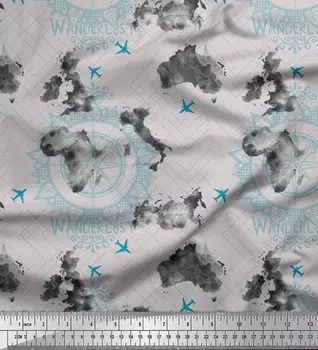 Серая японская креп-сатиновая ткань Soimoi Серая ткань для рукоделия с принтом «Страсть к путешествиям и путешествиям в самолетах» шириной 42 дюйма по метрам 42 Inch Wide - Poly Crepe серый