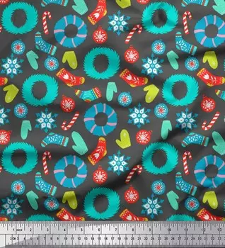 Серая японская креп-сатиновая ткань Soimoi со снежинками и венками, ткань с рождественским принтом, 1 метр, 42 дюйма 42 Inch Wide - Poly Crepe серый