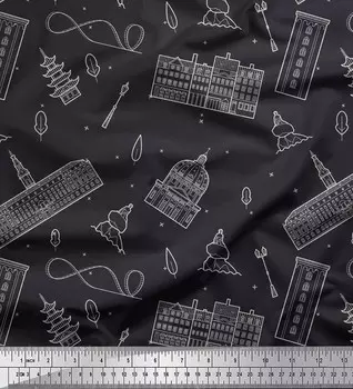 Серая японская креп-сатиновая ткань Soimoi, ткань для уличных фонарей и памятников с архитектурным принтом, 1 метр 42 дюйма 42 Inch Wide - Poly Crepe серый