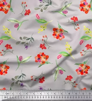 Серая японская креп-сатиновая ткань Soimoi, ткань с цветочным принтом листьев и тюльпанов, 42 дюйма по метрам 42 Inch Wide - Cotton Voile серый