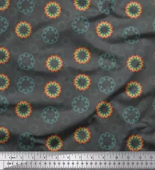 Серая японская креп-сатиновая ткань Soimoi, ткань с художественным цветочным принтом мандалы, ткань по метрам, 42 дюйма 42 Inch Wide - Poly Crepe серый