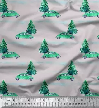 Серая японская креп-сатиновая ткань Soimoi, ткань с принтом автомобилей и кедра, 1 метр, 42 дюйма 42 Inch Wide - Poly Crepe серый