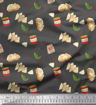 Серая японская креп-сатиновая ткань Soimoi, ткань с пищевым принтом начос и сальса, 42 дюйма по метрам 42 Inch Wide - Poly Crepe серый