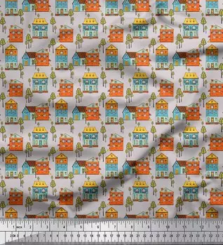 Серая японская креп-сатиновая ткань Soimoi, ткань с архитектурным принтом «дерево и дом», 42 дюйма по метрам 42 Inch Wide - Poly Crepe серый