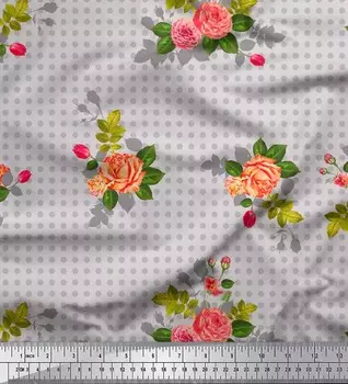 Серая японская креп-сатиновая ткань Soimoi в горошек и розы Grandiflora с цветочным декором, ткань с принтом, 42 дюйма 42 Inch Wide - Japan Crepe Satin серый