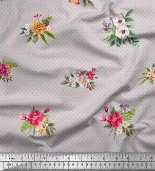 Серая японская креп-сатиновая ткань Soimoi в горошек и с цветочным принтом пионов, 42 дюйма по метрам 42 Inch Wide - Poly Crepe серый