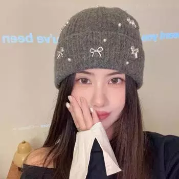 Серая шерстяная шапка-бантик для женщин 2024 года, новая осенне-зимняя шапка с большой окружностью головы, показывающая лицо, теплая вязаная шапка для холодной погоды M56-58cm