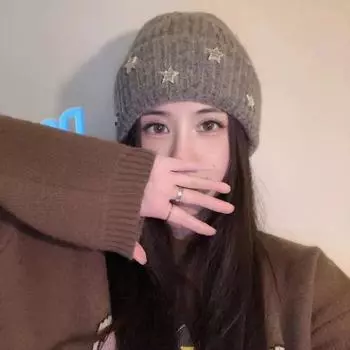 Серая шерстяная шапка, женская, большая окружность головы, маленькое лицо осенью и зимой, свободная защита ушей, теплая голова, холодная шапка, новая черная шапка. M (56-58cm) Pentagram Wool Cap серый