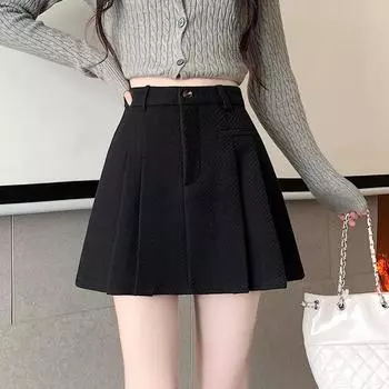 Серая шерстяная юбка для женщин на осень и зиму, новая юбка-трапеция с высокой талией и ремешками, небольшая плиссированная повседневная юбка S