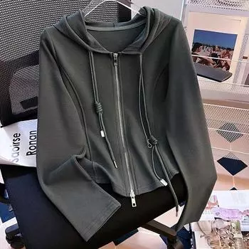 Серая толстовка с капюшоном для женщин, новая осенне-зимняя тонкая универсальная куртка с двойной молнией, облегающий пуловер S