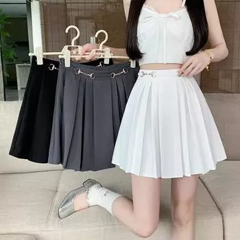 Серая юбка А-силуэта с высокой талией: Модная корейская юбка 2024 года в складку, сексуальная, универсальная, прикрывающая бедра. Large серый