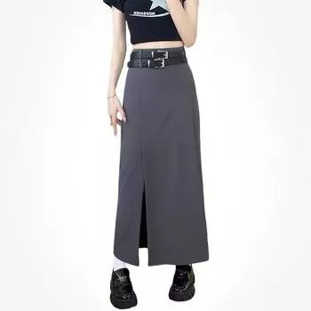 Серая юбка средней длины с разрезом, женская винтажная длинная юбка трапециевидной формы с высокой талией, осенняя модная повседневная женская одежда в консервативном стиле S чёрный