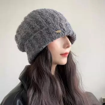 Серая вязаная шапка из утолщенной толстой шерсти женская осенне-зимняя теплая защитная шапка для ушей холодная свободная большая окружность головы складывающаяся шапка M55-59cm бежевый