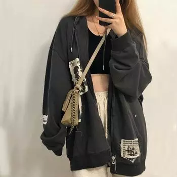 Серая женская толстовка с капюшоном в стиле пэчворк, осенние черные толстовки на молнии на молнии S чёрный