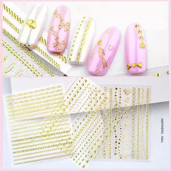 Сердце бант маникюр золотые полосы металлические цепочки переноса воды наклейки для дизайна ногтей геометрические узоры украшения ногтей DP347 золотой