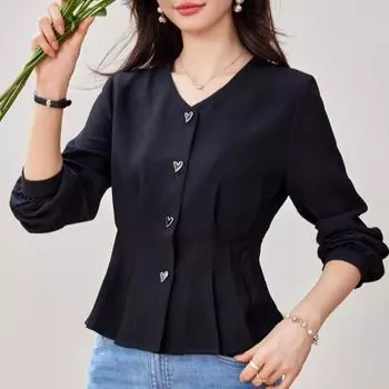 Сердце Черная блузка Женская плиссированная рубашка с длинным рукавом Модные рубашки на пуговицах для офиса L чёрный