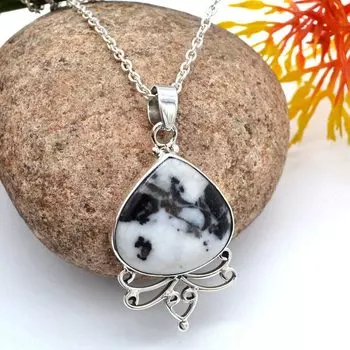 Сердце Кабошон Натуральный Дендритный Опал (20,13 карата) Ожерелье с подвеской Твердая подвеска из стерлингового серебра 925 пробы с цепочкой