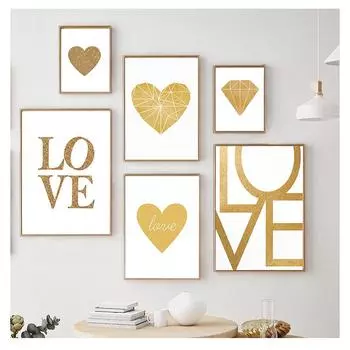 Сердце Любовь Слово Золотая Фольга Холст Картина Современный Алмаз Настенный Художественный Плакат Гостиная Домашний Декор Золотой Плакат для Детской Печати Золото 21cm30cm NoFrame