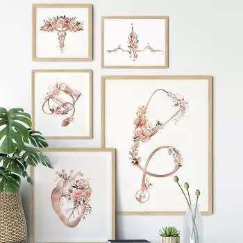 Сердце стетоскоп ЭКГ цветок медицинские плакаты принты доктор подарок настенные художественные картины холст живопись для кардиолога офисный декор 21*30cm
