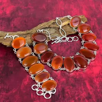 Сердолик 925 твердый серебряный браслет и ожерелье комплект ювелирных изделий, комплект ювелирных изделий ручной работы из драгоценных камней для нее Adjustable With 8 -18 оранжевый