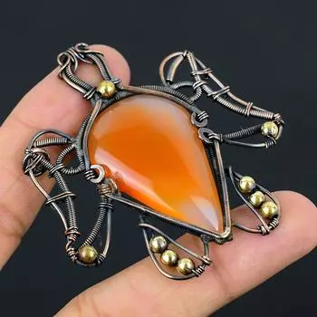 Сердолик в форме черепахи, медная проволока, кулон ручной работы, ювелирный подарок для нее 2.59 Inches оранжевый