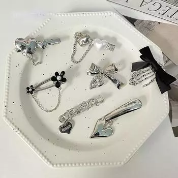 Серебристая челка в форме сердца с боковой заколкой, корейская модная крутая шпилька для девочек, сломанная заколка для волос, женская уникальная заколка с геометрическим рисунком, головной убор