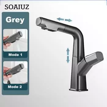 Серебристо-черный смеситель для раковины, выдвижной смеситель для ванной комнаты, смеситель для горячей и холодной воды, подъем на 360 ° вверх и вниз, смеситель для кухонной раковины в ванной комнате WHITE