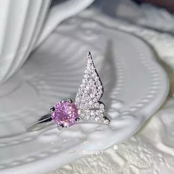 Серебристо-розовое кольцо с драгоценными камнями для женщин, кольцо с топазом и крыльями ангела, ювелирные изделия в стиле INS Adjustable розовый