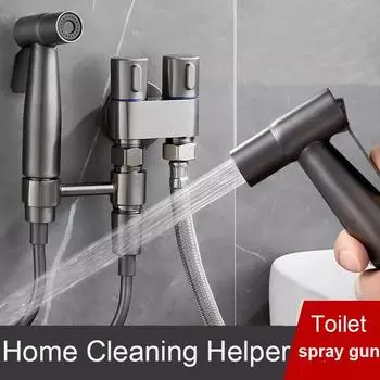 Серебристо-серо-черный ручной распылитель для унитаза, биде, кран из нержавеющей стали, душевая головка G1/2, один вход и два выхода, угловой клапан