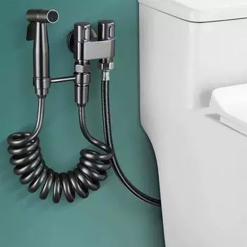 Серебристо-серо-черный ручной распылитель для унитаза, нержавеющая сталь, смеситель для биде, душевая головка G1/2, один вход и два выхода, угловой клапан серый