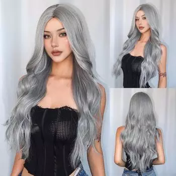 Серебристо-серые волнистые синтетические парики для женщин, длинные натуральные многослойные парики, средняя часть, повседневный парик для вечеринок, термостойкие волосы