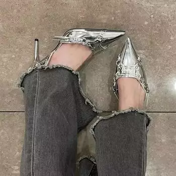 Серебристые босоножки на высоком каблуке, женские, лето 2024, панк-готика, острые носки, вечерние туфли, женские, металлические, на тонком каблуке, туфли-лодочки, женские 34 серебряный