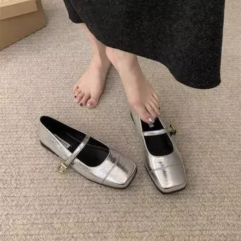 Серебристые квадратные туфли-одиночки женские весенне-летние туфли Мэри Джейн с плоским дном и неглубоким горлом 35 коричневый