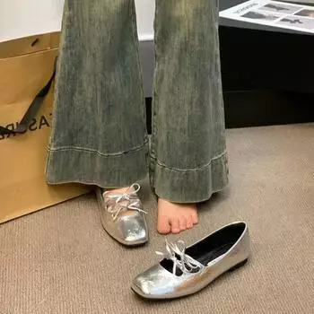 Серебристые маленькие кожаные туфли в стиле знаменитостей, женская пара туфель-бини с бантом, весенняя и летняя одежда, туфли Мэри Джейн 35 серебряный