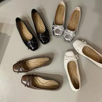 Серебристые одинарные туфли женские осень 2025 новые квадратные туфли маленькие кожаные туфли легкие шапочки с бантом нежные балетки 35 коричневый
