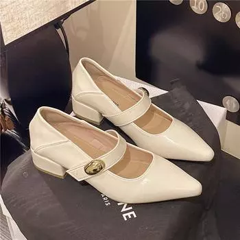 Серебристые остроносые туфли на высоком каблуке женские осенне-летние новые с юбкой толстый каблук Мэри Джейн одинарные туфли 35